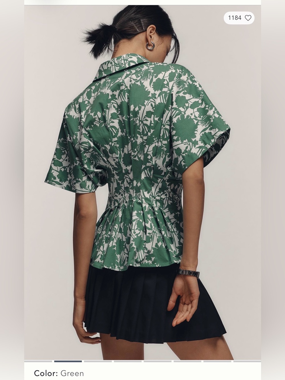 Anthropologie The Tobie Short Sleeve Pleated Blouse By Exquise Green Floral Sz L - Picture 3 of 8